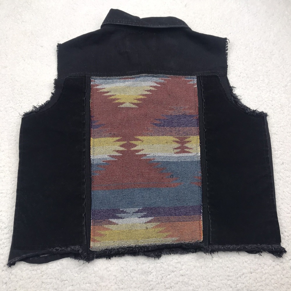 Lucky & Blessed Western Vest MEDIUM Black Denim Southwest Navajo Serape Distress - Picture 5 of 13